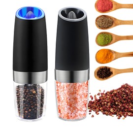 Petyoung Electric Salt and Pepper Grinder Set, Automatic Salt and Pepper Grinders with LED Light, Adjustable Coarseness, Stainless Steel, Black, 2 Pieces