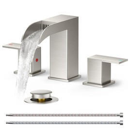 FORIOUS Square Brushed Nickel Bathroom Faucets 3 Hole, Waterfall 8 Inch Widespread Bathroom Sink Faucet with Metal Pop-up Drain and Supply Lines, Two Handles for Vanity, Farmhouse, Rv
