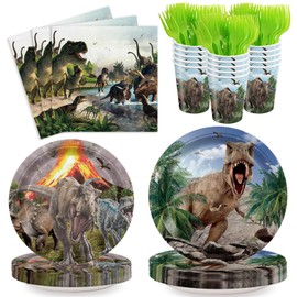 120pcs Dinosaur Birthday Party Supplies Dino World Happy Birthday Party Disposable Dinosaur Tableware Set Plates Napkins Cups Green Forks Dinosaur Party Supplies for 24 Guests