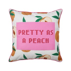 Just Jolly Yellow Peach Pillow Cover 18x18 Inch, Pretty As A Peach Cross Stitch Embroidery Throw Pillow Covers, Farmhouse Cottagecore Accent Decor for Couch, Bedroom, Sofa or Car