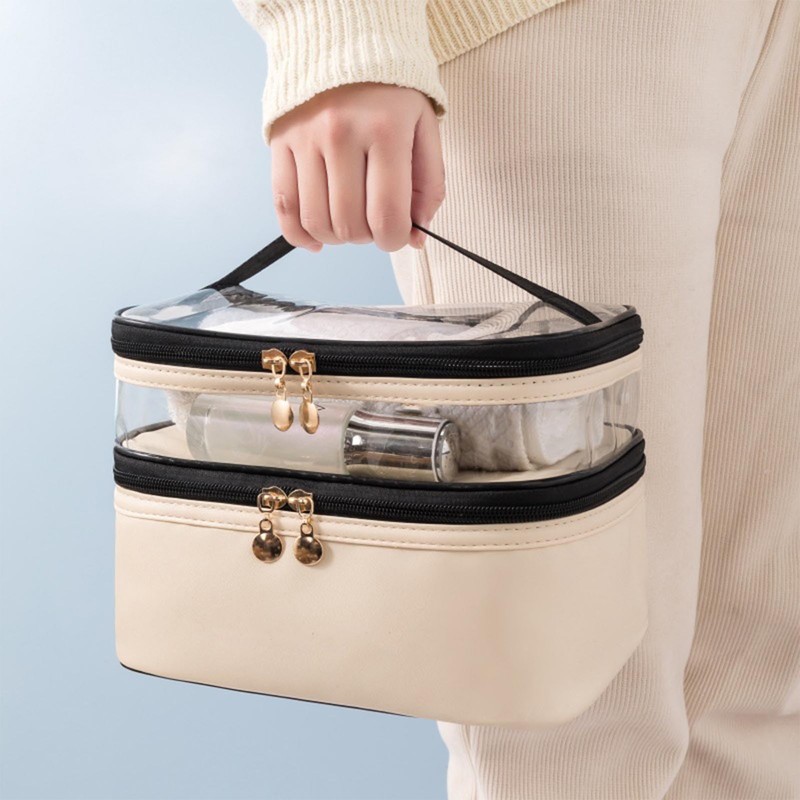 Double Layer Makeup Bag Waterproof, Spacious Alloy Zippers Durable Handle