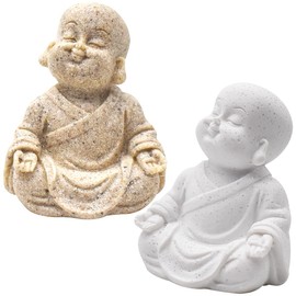 Qixuer 2 Pieces Cute Little Monk Statue, Maitreya Buddha Sculpture Happy Buddha Statue Fengshui Maitreya Craft Home Decor Ornament Maitreya Buddha Sculpture for Aquarium Decoration Fish Decoration