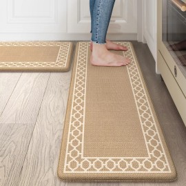 LEEVAN Kitchen Mats Cushioned Anti Fatigue Non Slip Waterproof Floor 2 Piece Tan Memy