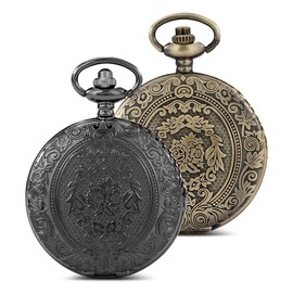 BAIFULAI Vintage Pocket Watch with Chain, 2 Pieces Arabic Numerals Quartz Pocket Watch Flip Cover with Chain and Gift Box Fob Watch for Men Father Grandpa Birthday Anniversary