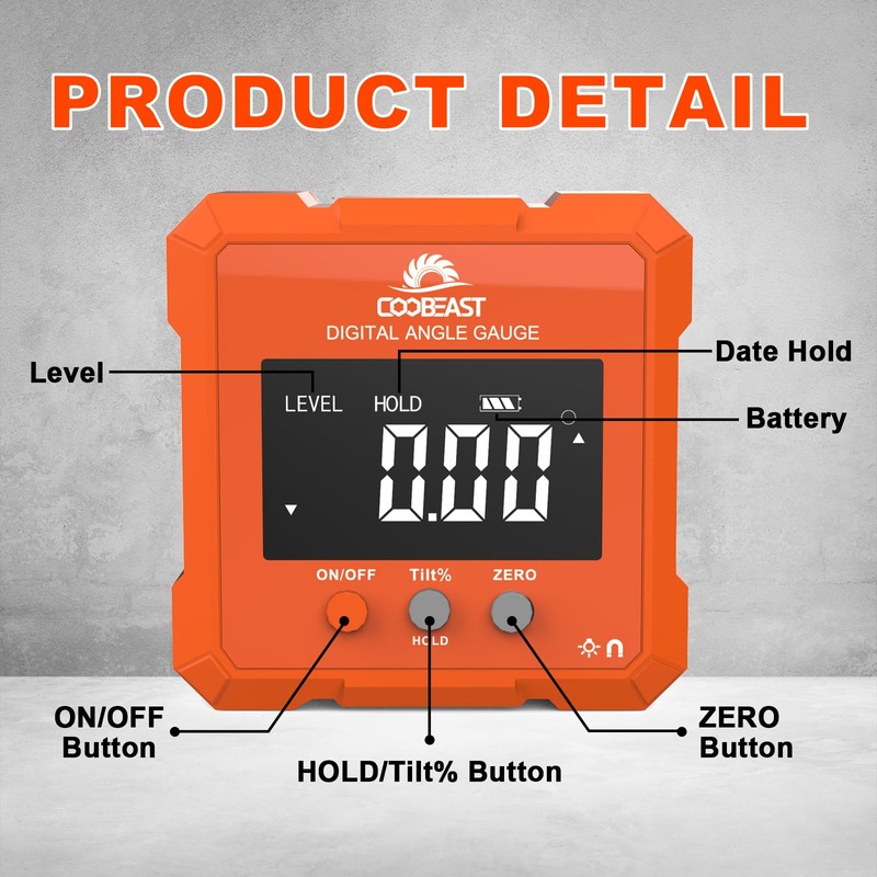 Coobeast Digital Angle Finder, Digital Level Angle Gauge with Backlight