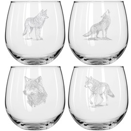 MIP Set of 4 Wine Glass for Red or White Wine Gift Wolf Collection (16 oz Stemless)