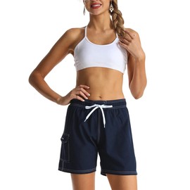 Unitop - Bañador para mujer, ligero, clásico, liso, con bolsillo, color azul marino, talla M