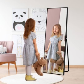 NicBex Full Length Mirror, 55x16 Inch Aluminum Alloy Frame Large Wall Mirror, Vanity Mirror, Bedroom Mirror, Dressing Mirror, Living Room Mirror,Black,Black, with Stand