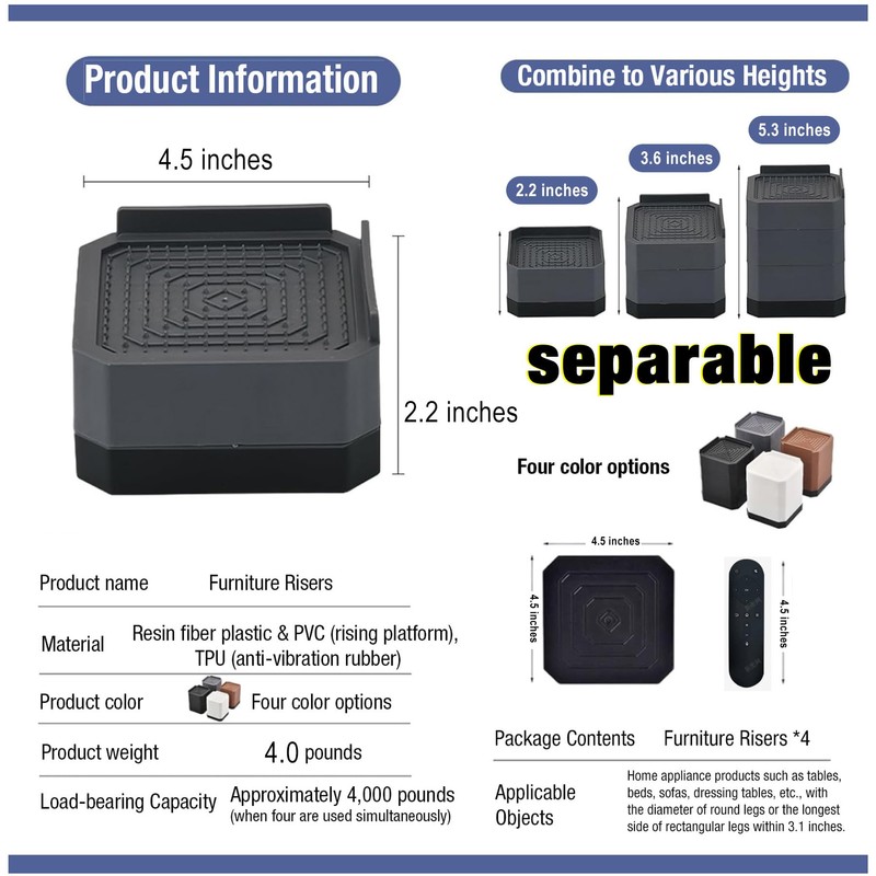 Adjustable Bed Risers 3.6&5.3 Inch, 4000 lbs, 4 Middle Pack