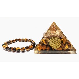 Sawcart Tiger Eye Crystal Orgone Pyramid with Flower of Life Symbol, Stone Bracelet & Orgone Pendant Necklace Combo for Aura Cleansing, Reiki Spiritual Healing, Energy Generator, Yoga Meditation
