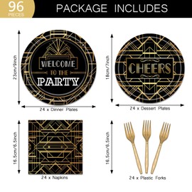 Aysimple 96 Pcs Roaring 1920's Party Plates and Napkins Party Supplies Black and Gold Retro Jazz Flapper Party Tableware Set 20s Great Gatsby Party Decorations Favors for 24 Guests