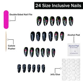 Black Press on Nails Medium Almond SWEKKE Fake Nails Cute False Nails with Mushroom Stars Designs Full Cover Glossy Glue on Nail Acrylic Nail for Women Girls 24Pcs