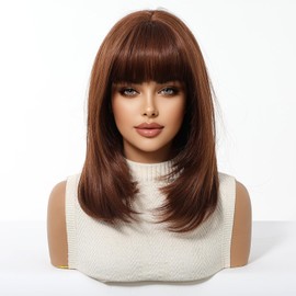 MS.FEEL Short Straight Layered Wig With Bangs Ombre Synthetic Wigs for Women (Brown, 12 Inch)