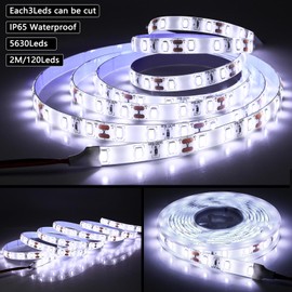 Tesfish 12V LED Strip Light 6.56Ft Dimmable Light Strip, SMD 5630 IP65 Waterproof Cold White 6500K Flexible Tape Lights 120 LEDs Rope Light for Bedroom, Desk, Kitchen, Indoor, Outdoor Decoration