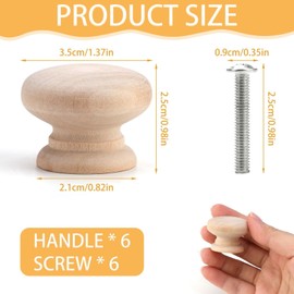 6 Pcs Wooden Cabinet Knobs with Screws, Mushroom Drawer Knobs Natural Unfinished Wood Cupboard Knob Handles Round Knobs for Furniture Wardrobe Office Dresser Drawer Pull (35mm*25mm)