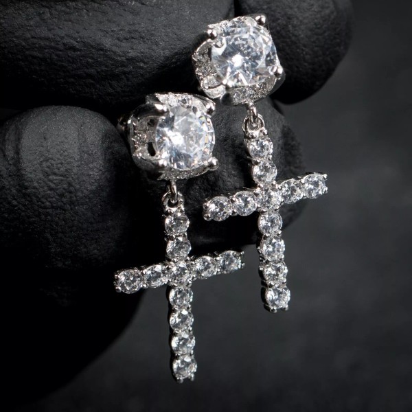 Street Knitted Round Cz Iced Sterling Silver Stud Cross Dangle