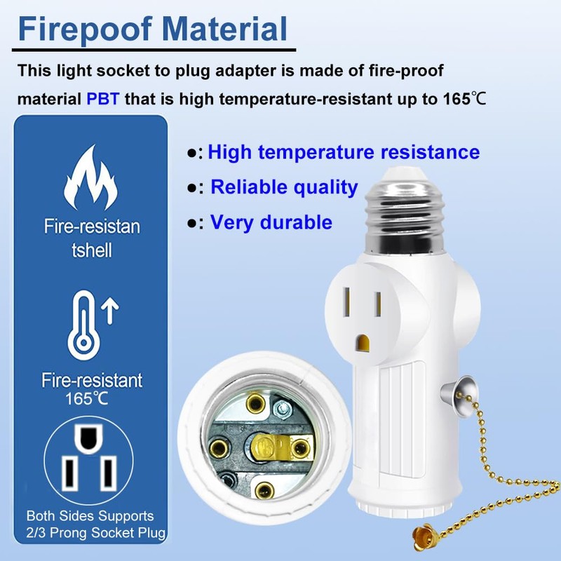 Light Socket Outlet Adapter,E26/E27 Light Bulb Outlet Socket Adapter,3 Prong