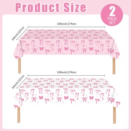 2 Pack Pink Bow Tablecloth Plastic 54 X 108Inch, Coquette Birthday Decorations Table Cloth Disposable Girls Birthday Party Supplies