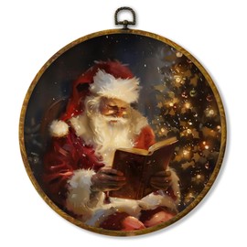 shiviody Vintage Christmas Canvas Wall Art Decor, Dark Cottagecore Farmhouse Christmas Santa Reading Book Round Hanging Frame Prints Decorations for Home Bedroom Living Room 10"x10"