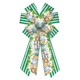 On-Airstore Large Woodland Animal Wreath Bows Green Stripe Burlap Bows for Wreath, Jungle Animals Ribbon Bows Baby Shower Decor Bows for Indoor Outdoor Decoration Wreath Ornament Supplies