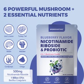 QIN SHAN TANG Blueberry Superfood Powder, Nicotinamide Riboside & Probiotics for Immune Support, Gut Health, 6 Mushrooms | Lion's Mane, Chaga, Reishi Extract | Vegan, Non-GMO, Gluten-Free, 6.35oz