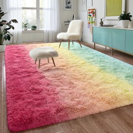 DweIke Luxury Fluffy Kids Rugs for Living Room Bedroom, 6x9 Large Shaggy Rainbow Pink Area Rug for Girls Boys, Upgrade Plush Non-Slip and Washable Colorful Fuzzy Carpet for Dorm Nursery Decor