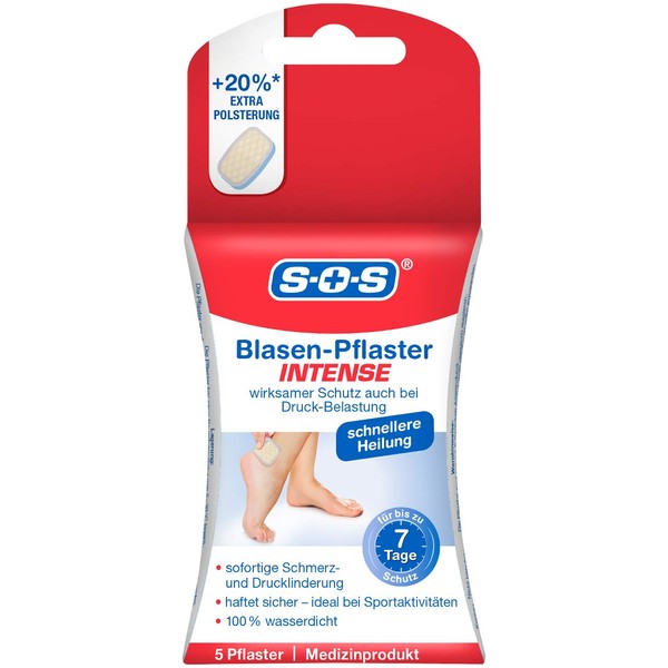 SOS Intense Blister Plasters with 20% Extra Padding*, Effective Protection at High Pressure Load, Heel Plasters for Foot Blisters, Waterproof Wound Plasters for Blisters, 1 x 5 Plasters