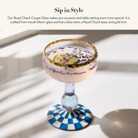 MACKENZIE-CHILDS Coupe Glass, Decorative Stemmed Cocktail Glass, 11 Ounces, Blue-and-White Royal Check