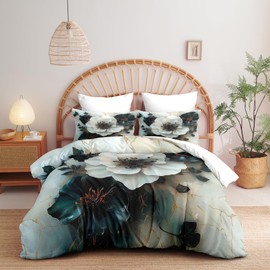 CCoutueChen White Peony King Comforter Set, Soft Emerald Green Flower Lightweight Comforter for Women Bedroom Decor, 3 Pieces Microfiber Abstract Marble Texture Bedding Set All Seasons (90" X 104")