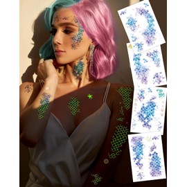 16 hojas de pegatinas de tatuajes temporales con escamas de sirena luminosas, pegatinas de tatuajes con temática de sirena que brillan en la oscuridad, suministros de decoración para fiestas,