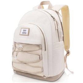 RJEU Aesthetic Backpack for Teen Girls,Cute School Bookbag with 15.4in Laptop Compartment for Women College Students,Mochila para Niñas,Khaki Beige