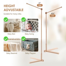 Floor-Standing Wooden Crib Mobile Arm 61 Inch | 360°Adjustable Movable Baby Mobile Hanger | Anti-Dumping Multifunction Mobile Arm for Crib | Adjustable Height Mobile Arm Nursery Decor
