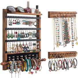 QILICHZ 3Pcs Jewelry Organizers and Storage,Wood Earring Organizer,Hanging Jewelry Organizer,Rustic Wall Jewellery Organizer,Wall Mounted Earring Holder for Storage Display Gift (Brown+Black)