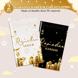 PHOGARY 2 Pcs Ramadan Kareem Tablecloth Ramadan Decorations, Ramadan Tablecloths Disposable Rectangle Plastic Eid Mubarak Table Covers for Eid Al-fitr Party Eid Decorations 54" X108", Black and White