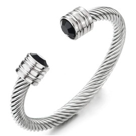 COOLSTEELANDBEYOND Men's Women's Stainless Steel Gold-Coloured Twisted Steel Cable Bangle Bracelet with Black Resin Bead, Elastic Adjustable, Stainless Steel