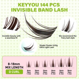 KEYYOU Fairy Brown Lash Clusters Eyelash Extension D Curl 144Pcs Eyelash Extension Wispy Natural Invisible Band Lash with Waterproof DIY Lash Extension at Home(Fairy Brown-D-8-18MIX)
