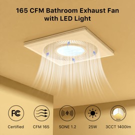 Bathroom 11.8IN Exhaust Fan with Light 165CFM 3CCT Shower Bathroom Vent Fan with 1400lm Led Light Combo Quiet 1.2 Sones Bath Ceiling vent with Adjustable Led Light 3000k/4000k/6500k For Home Bath