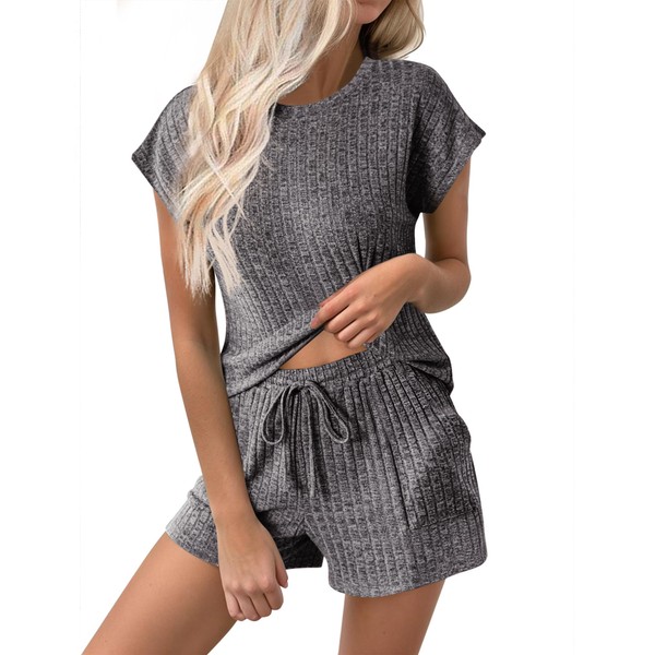Ekouaer Pajamas for Women Ribbed Knit Lounge Set Cap Sleeve