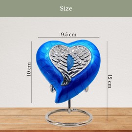 NORSE'S TRADECRAFT Heart Mini Urn for Ashes Adult Male, Female | Memorial Gifts with Velvet Box & Stand l Handcrafted Cremation Urns for Human Ashes and Pet |Blue Heart with Angel Wing Design, 3 cu in
