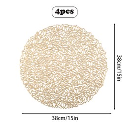 Spldsun Set of 4 Round Placemats, Golden Round Anti-scalding Placemat, Round Broken Leaf Pattern PVC Placemat, for Plates, Pot Holders, Table Decoration (Golden)