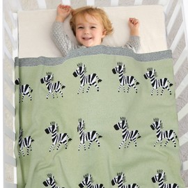 DovFanny Baby Blanket 100% Cotton Knitted Soft Blanket for Newbron with Lovely Zebra, 100 x 80cm Green