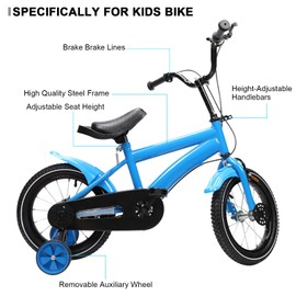 14" Kids' Bicycles, Childrens Bicycle High Carbon Steel Frame Bicycle Seat Adjustable with Training Wheels and Hand Brakes, Earthquake Resistance for Boys & Girls to Exercise and Ride (Blue)