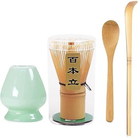 Handcrafted Bamboo Matcha Whisk Set with Ceramic Whisk Holder and Tea Scoop, for Perfect Traditional Matcha Tea Drinking Experience (Matcha Whisk Set of 4)