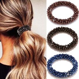 Reaky Beaded Hair Ties Elastic Ponytail Holder Black Crystal Hair Bands Rhinestone Hair Scrunchies 3 Pcs Hair Accessories for Women (Black)