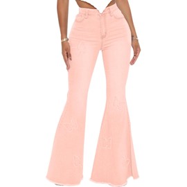 Bell Bottom Jeans for Women High Waist Butterfly Embroidered Flare Jeans Classic Stretch Wide Leg Denim Pants(76Pink,Large)