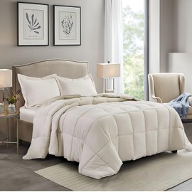 HIG Pre Washed Down Alternative Comforter Set King - Reversible Chic Quilt Design - Box Stitched with 4 Corner Tabs - Lightweight for All Season - Camel Duvet Comforter with 2 Pillow Shams