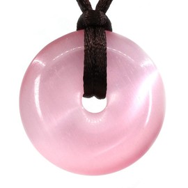 Pink Created Opal Cat Eye Circle Coin Peace Donut 30M Beads Adjustable Braided Rope Pendant Necklace
