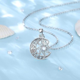 AEONSLOVE Sun and Moon Necklace Women's 925 Silver Moonstone Necklace with Celtic Knot Lucky Charm Pendant Cosmic and Astrological Jewellery Gifts for Women, Sterling Silver Sterling silver Moonstone,