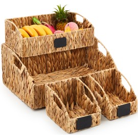 Wonderjune 4 Pcs Water Hyacinth Storage Basket Set Wicker Rattan Pantry Basket with Chalkboard Label Handles Woven Container Kitchen Laundry Large Small for Shelves Food Home Bathroom Decor