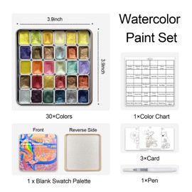 FURGANG ART Metallic Watercolor Paints Art Supplies 30 Colors with a Watercolor Brush and Papers, Water Color Paint Adult Set, Valentines Paint Gift for For Artists, Travel Watercolor Set